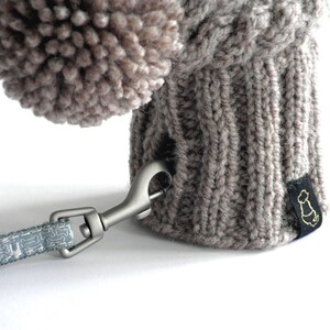 May include: A gray knitted dog hat with a pom-pom on top and a black tag with a gold dog silhouette. A blue leash with white bone print is attached to the hat.