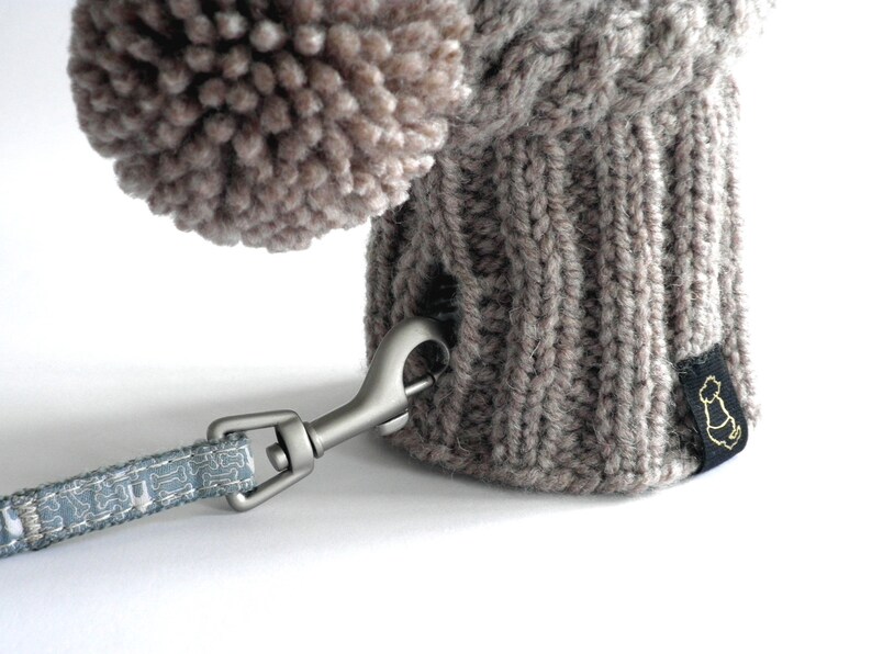 May include: A gray knitted dog hat with a pom-pom on top and a black tag with a gold dog silhouette. A blue leash with white bone print is attached to the hat.