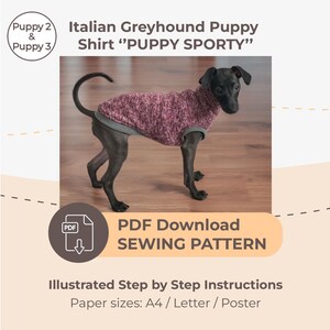 BAIXAR MOLDE DE COSTURA / Camiseta para filhote de galgo italiano - tamanhos Puppy 2 e Puppy 3 / Tamanhos de papel: A4 - Carta - Pôster