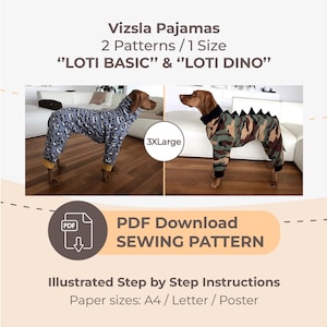 PATRONES DE COSTURA 2 EN 1 DESCARGAR / 2 Pijamas Vizsla - 1 Talla - 3XL / Tamaños de papel: A4 - Carta - Póster