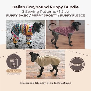 May include: Italian Greyhound Puppy Bundle 3 Sewing Patterns 1 Size PUPPY BASIC PUPPY SPORTY PUPPY FLEECE. Three images show dogs wearing a colorful patterned sweater, a textured maroon sweater, and a solid beige fleece coat with a strap.