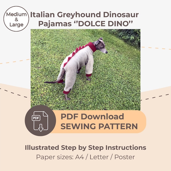 縫製パターンをダウンロード / イタリアングレーハウンド恐竜パジャマ - サイズ：MとL / 用紙サイズ：A4 - レター - ポスター