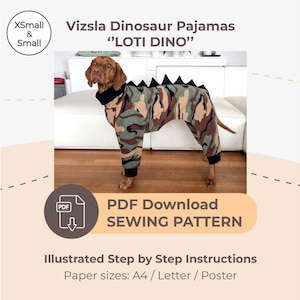 DESCARGAR PATRÓN DE COSTURA / Pijama de dinosaurio Vizsla - tallas XSmall y Small / Tamaños de papel: A4 - Carta - Póster