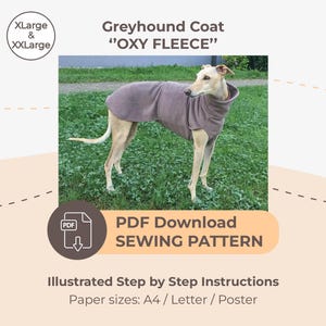 以下が含まれることがあります： 「OXY FLEECE」とラベル付けされたグレイハウンドコートのPDF縫製パターン。パターンには、イラスト付きのステップバイステップの説明が含まれており、A4、レター、ポスターサイズでご利用いただけます。