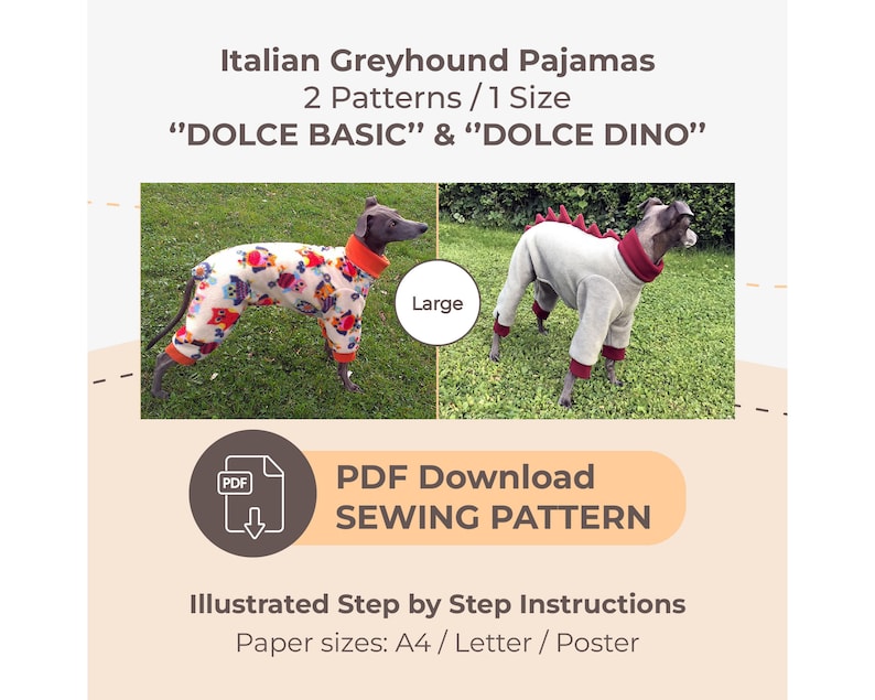 2 in 1 DOWNLOAD SEWING PATTERNS / 2 Italian Greyhound Pajamas 1 Size Large / Paper sizes: A4 Letter Poster image 1