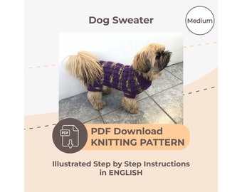 Dog Sweater Pattern - 35 cm (14'') back length/ DIY Dog Sweater/ Hand Knit Dog Sweater Pattern/ How to knit a dog sweater