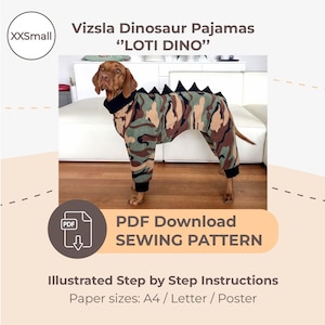 DESCARGAR PATRÓN DE COSTURA / Pijama de dinosaurio Vizsla - Talla única XXSmall / Tamaños de papel: A4 - Carta - Póster