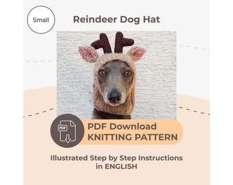 Może przedstawiać: Wzór na szydełku PDF na czapkę dla psa w kształcie renifera. Wzór zawiera ilustrowane instrukcje krok po kroku w języku angielskim.  PDF Download Knitting Pattern.