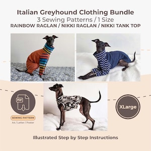 Puede incluir: Un paquete de patrones de costura para galgo italiano en talla XLarge. El conjunto incluye tres modelos: un raglán arcoíris, un raglán Nikki y una camiseta sin mangas Nikki, con instrucciones ilustradas paso a paso en formato PDF.