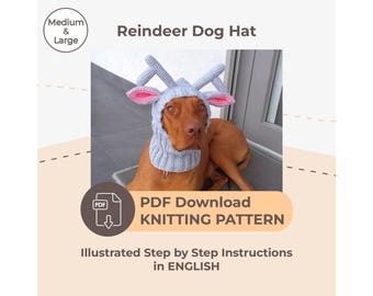 DOWNLOAD KNITTING PATTERN / Reindeer Dog Hat / Sizes Medium and Large