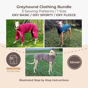 Puede incluir: Un paquete de patrones de costura para galgos que incluye OXY BASIC, OXY SPORTY y OXY FLEECE. El PDF digital contiene instrucciones ilustradas paso a paso para la talla XSmall, mostrando un mono rosa, un chaleco azul y un suéter gris.