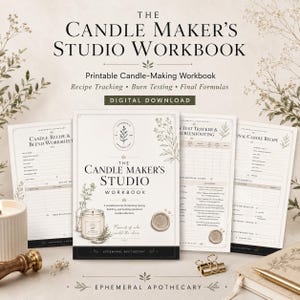 May include: A printable candle-making workbook titled "The Candle Maker's Studio Workbook." The cover features botanical illustrations and the text "Recipe Tracking, Burn Testing, Final Formulas." The workbook includes worksheets for candle recipes and burn testing.