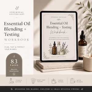 May include: A digital workbook titled "Essential Oil Blending + Testing Workbook" with 83 pages. The image features a tablet displaying the workbook, essential oil bottles, a candle, and text that reads "Plan, Test & Perfect Your Blends".