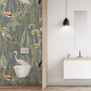 Heron, Bird, Stalk, Reeds Wallpaper, Custom Color Background, Self Adhesive or Traditional Wallpaper, 2 days USA Shipping