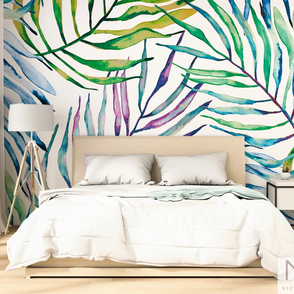 Colorful Wall Mural, Palm Leaf Print, Removable Wallpaper, Peel & Stick or Traditional Wallpaper