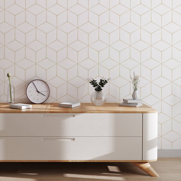 Matt Gold Hexagon Wallpaper, Scandinavian Interior, Home Office Decor, Traditional or Peel and Stick Material