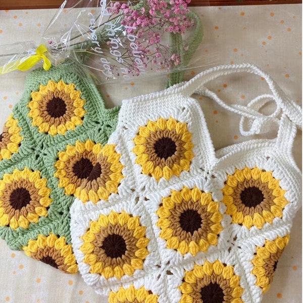 Sunflower tote bag granny square crochet kit-gifts for beginners! X-mas gifts, birthday gifts