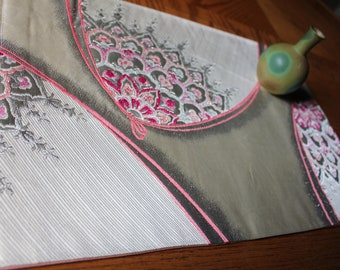 Vintage kimono Obi center piece platinum & pink