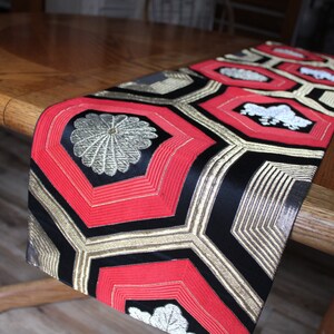 Vintage kimono Obi runner silk black, gold & red mum paulownia crest image 1