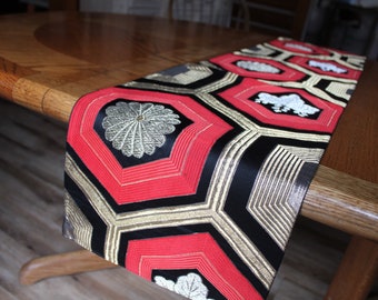 Vintage kimono Obi runner silk black, gold & red mum paulownia  crest