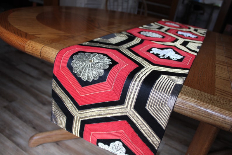 Vintage kimono Obi runner silk black, gold & red mum paulownia crest image 1