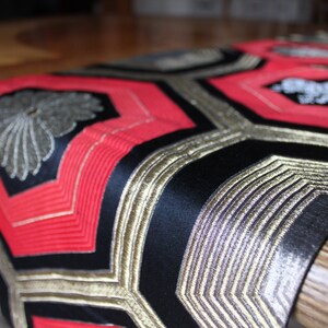 Vintage kimono Obi runner silk black, gold & red mum paulownia crest image 10