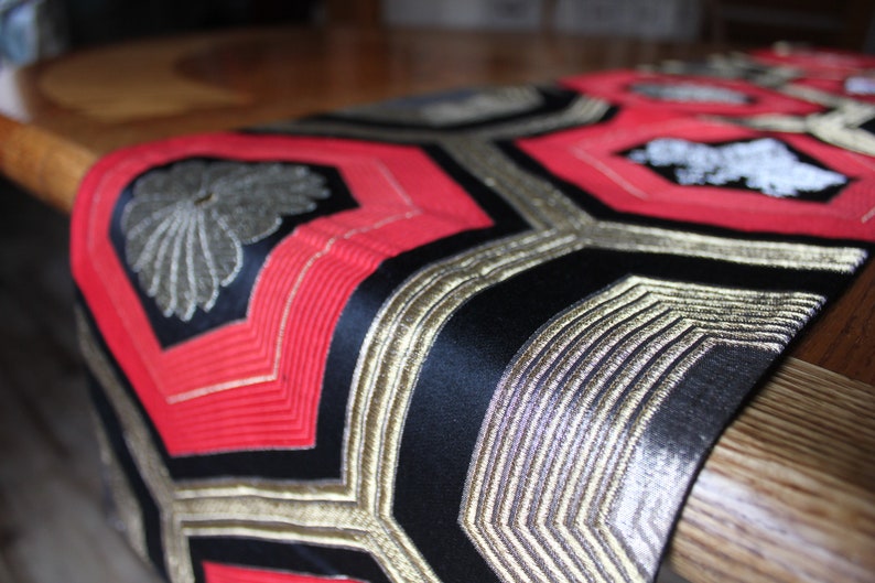 Vintage kimono Obi runner silk black, gold & red mum paulownia crest image 10