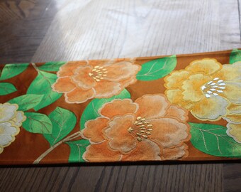 Vintage kimono Obi runner silk Orange peony