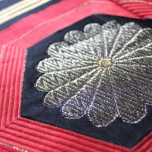 Vintage kimono Obi runner silk black, gold & red mum paulownia crest image 4