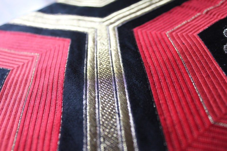 Vintage kimono Obi runner silk black, gold & red mum paulownia crest image 6