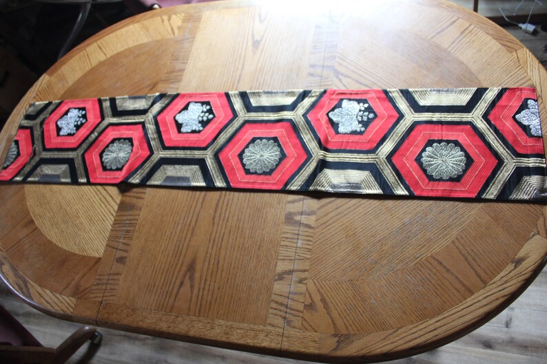 Vintage kimono Obi runner silk black, gold & red mum paulownia crest image 7