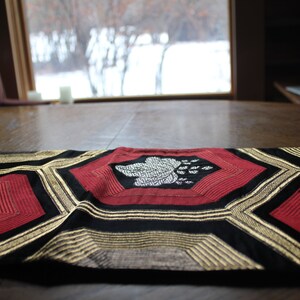 Vintage kimono Obi runner silk black, gold & red mum paulownia crest image 8