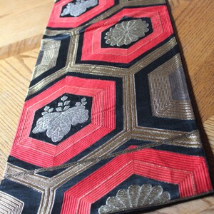 Vintage kimono Obi runner silk black, gold & red mum paulownia crest image 3