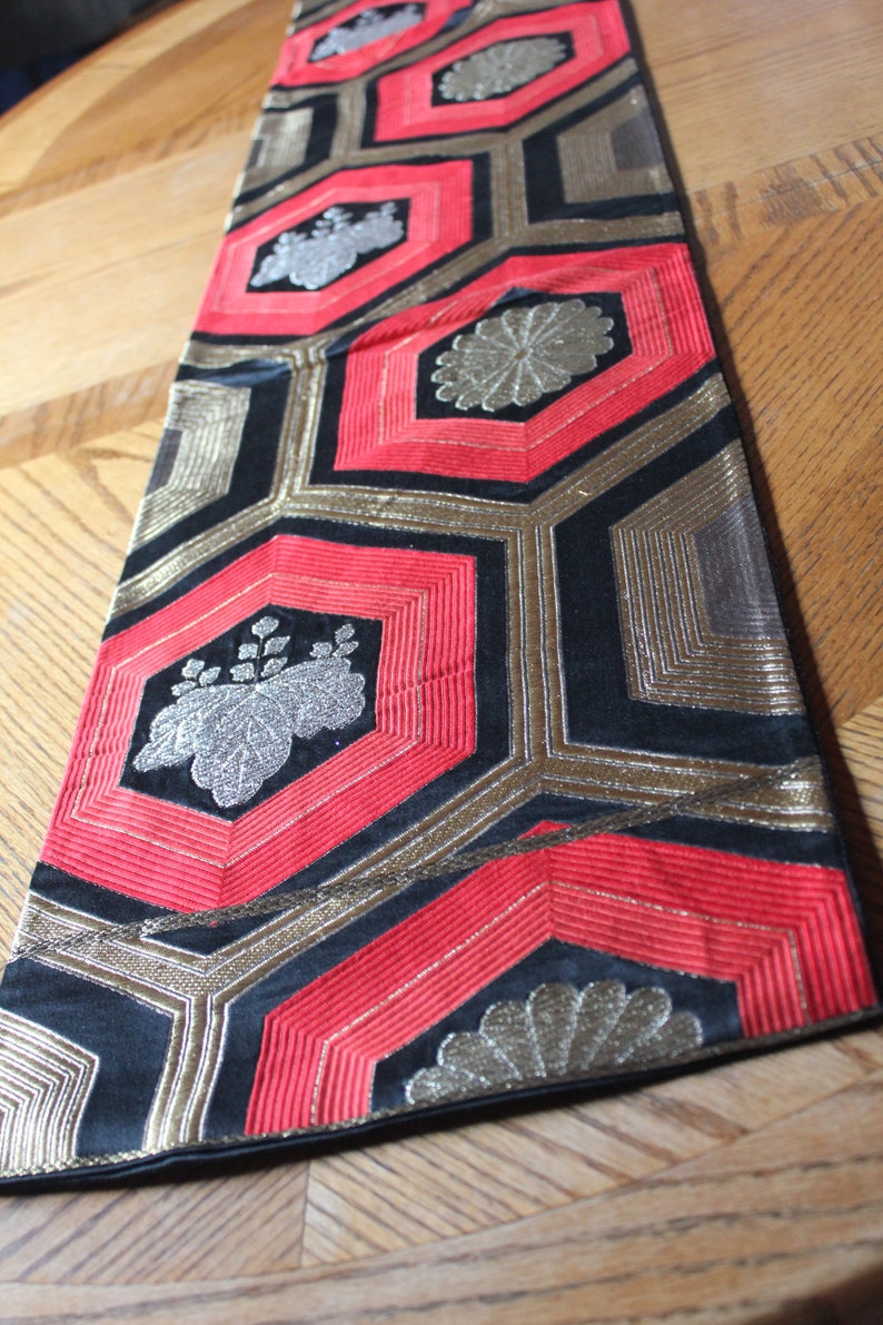 Vintage kimono Obi runner silk black, gold & red mum paulownia crest image 3