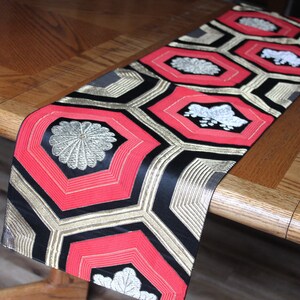 Vintage kimono Obi runner silk black, gold & red mum paulownia crest image 9