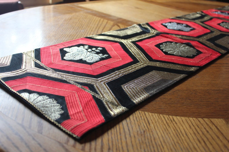 Vintage kimono Obi runner silk black, gold & red mum paulownia crest image 2