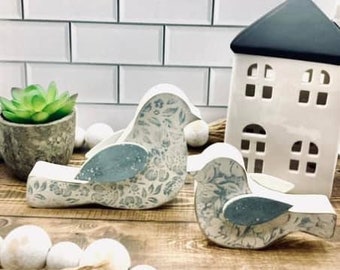 Set of 2 Farmhouse Wood Birds- Blue (Shelf Sitters)