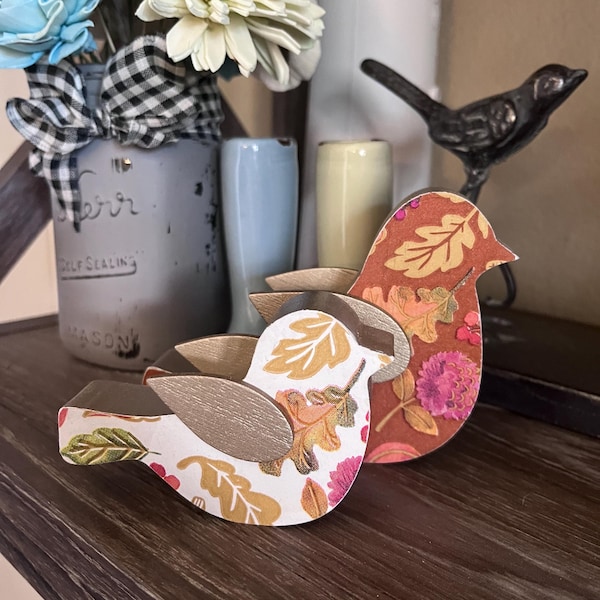 Set of 2 Farmhouse Fall Leaves-Wood Birds (Shelf Sitters)