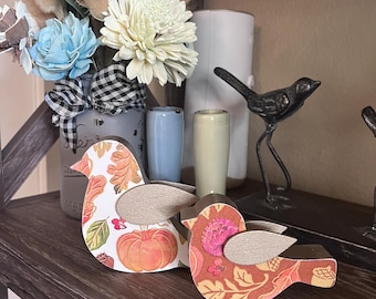 Set of 2 Farmhouse Fall Leaves-Wood Birds (Shelf Sitters)