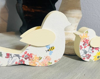 Set of 2 Farmhouse Wood Birds- Bumblebee /Floral (Shelf Sitters)