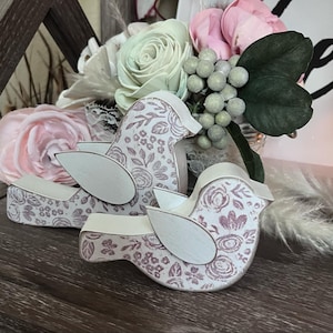 Set of 2  Pink Rustic Floral Wood Birds (Shelf Sitters)