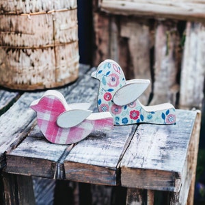 Set of 2 Farmhouse Pink & Plaid Floral Wood Birds-  (Shelf Sitters)