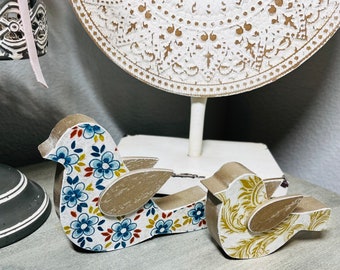 Set of 2 Farmhouse Wood Birds- Blue/gold (Shelf Sitters)