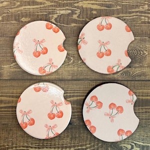 Car Coasters Set of two pink cherries and bows, ceramic / neoprene