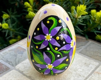 WOODEN FLORAL EGG, Hand Painted Egg, Cream Egg w/Oval Floral Design, Purple & Black, Spring Decor/Easter Decor, Mother’s Day Gift, Egg Art,