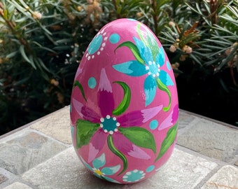 WOODEN FLORAL EGG, Hand Painted Egg, Pink Egg w/Pink and Turquoise Flowers, Easter Decor/Spring Decor, Egg Collectible, Unique Egg Art