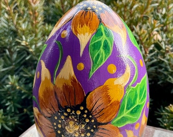 LARGE SUNFLOWER EGG, Purple Egg w/Sunflowers, Hand Painted Wooden Egg, Sunflower Decor, Farmhouse Decor Item, Egg Art, Sunflower Collectible