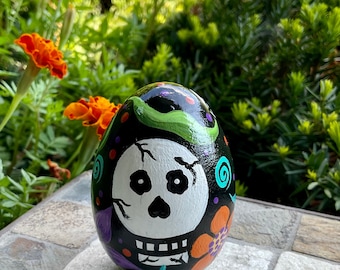 DAY of THE DEAD Egg, Hand Painted Wooden Egg, Unique Egg Art, Halloween Decor, Original Design, Black Egg w/Skulls, For the Halloween Lover!