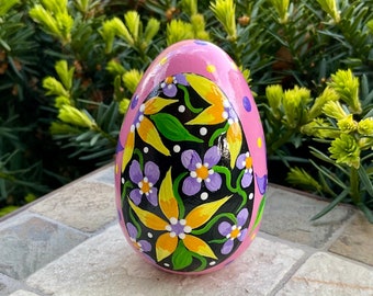 WOODEN FLORAL EGG, Hand Painted Egg, Pink Egg w/Black Oval Floral Design, Yellow & Purple Flowers, Spring Decor/Summer Decor, Mother’s Day