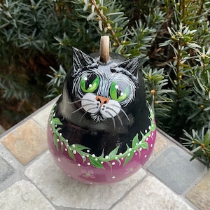 SPRING MINI CAT Gourd, Hand Painted Gourd, Black Cat w/Green Eyes, Cat Lover/Collector Item, Spring/Summer Decor,  “Cat” Person Gift Idea!